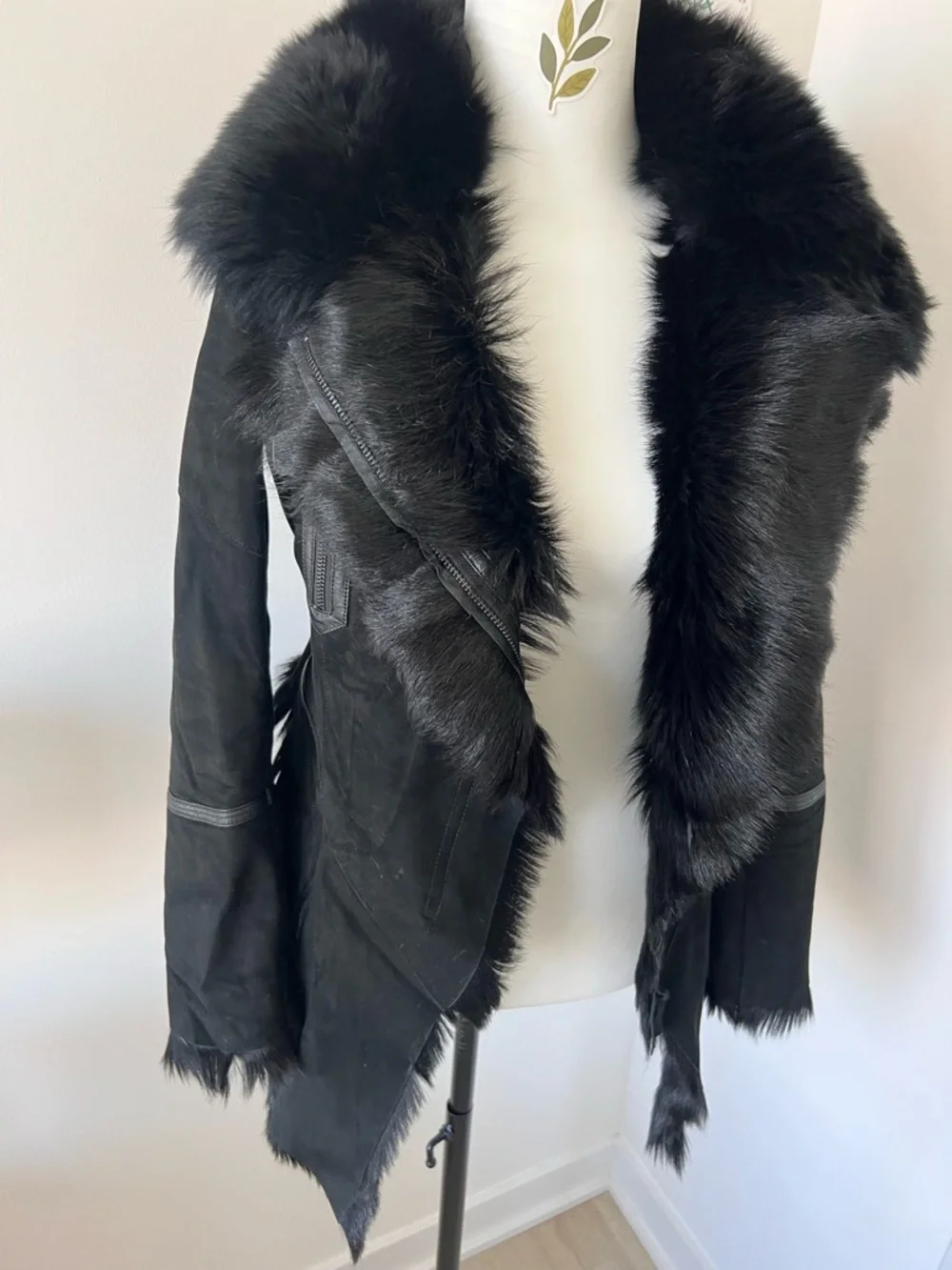 Black Real Suede Lamb Leather w Fox Fur Collar Moto Jacket XS - Picture 6 of 15
